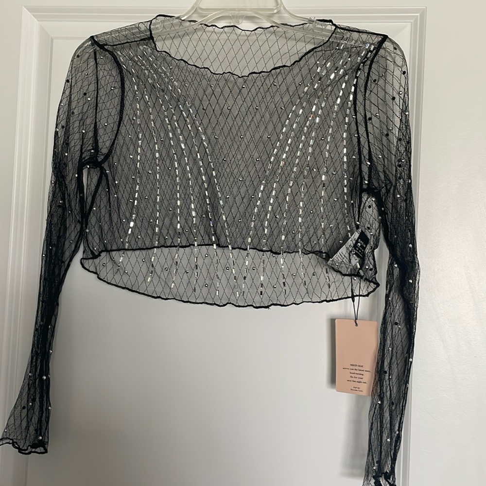 SHEIN Bae Black Sheer Sparkle Crop Top